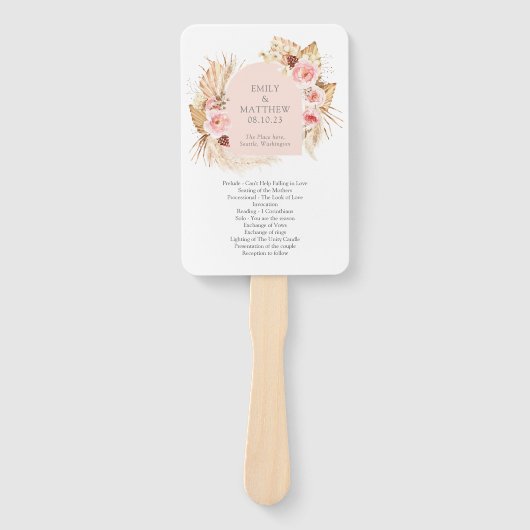 Boho Pampas Gras Bloemen Bruiloftsprogramma Waaier (Voorkant)