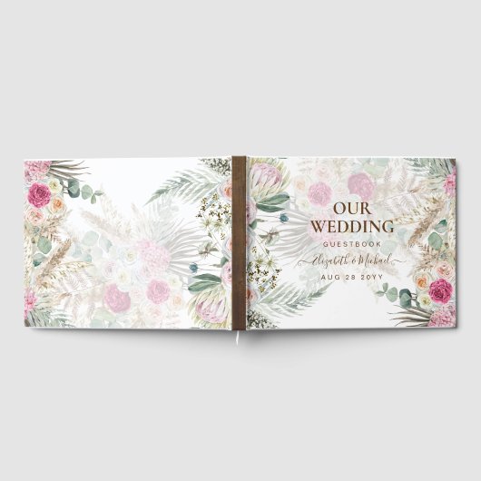 Boho Pampas Gras Bloemen Roze Salie Bruiloft Gastenboek (Volledig)