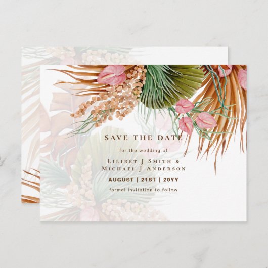 Boho Pampas Gras Bloemen Trouw Save The Date Briefkaart (Voorkant / Achterkant)