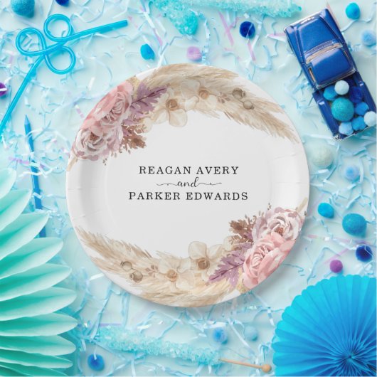 Boho pampas gras bloemig Paarse bruiloft Papieren Bordje (Feest)