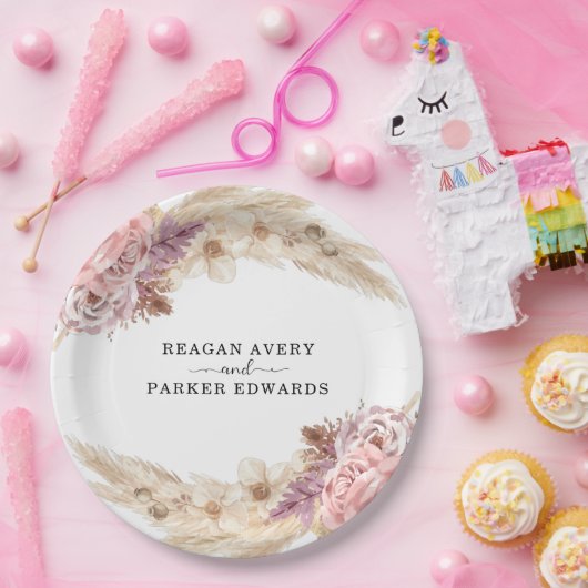 Boho pampas gras bloemig Paarse bruiloft Papieren Bordje (Feest)