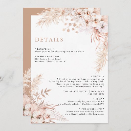 Boho Pampas Gras Bloemige Trouwdetails Kaart (Voorkant / Achterkant)