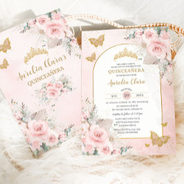 Boho Pampas Gras Blush Roze Bloemige Quinceañera Kaart