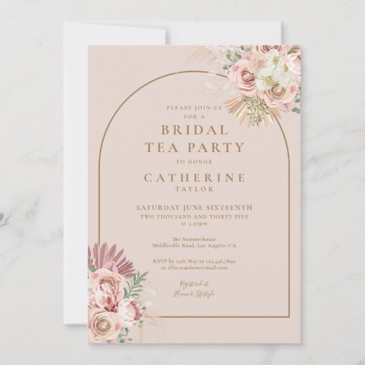 Boho Pampas Gras Boog Bruids Theepartij Uitnodigin Kaart (Voorkant)