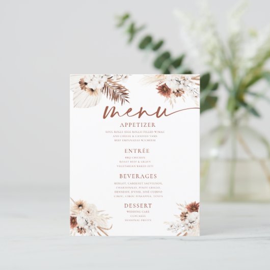 Boho Pampas Gras Bruiloft Platte Menu (Staand voorkant)