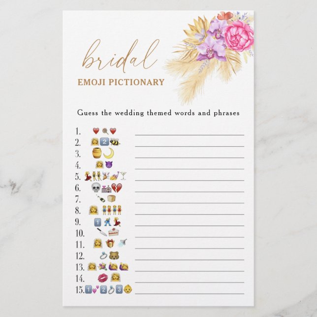 Boho pampas gras bruiloftsshower emoji pictionary  (Voorkant)