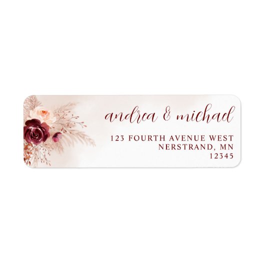 Boho Pampas Gras Burgundy Rozen Huwelijk Label (Voorkant)