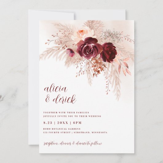 Boho Pampas Gras Burgundyrozen Bruiloft Kaart (Voorkant)