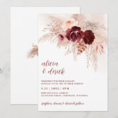 Boho Pampas Gras Burgundyrozen Bruiloft Kaart (Voorkant / Achterkant)