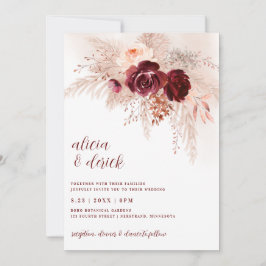 Boho Pampas Gras Burgundyrozen Bruiloft Kaart