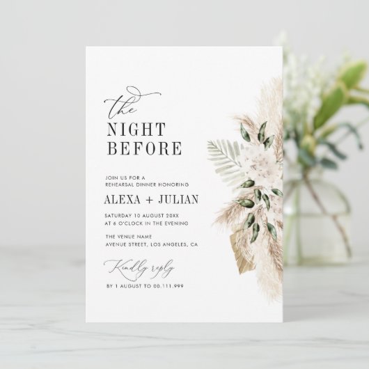 Boho pampas gras en groen bruiloft kaart (Staand voorkant)