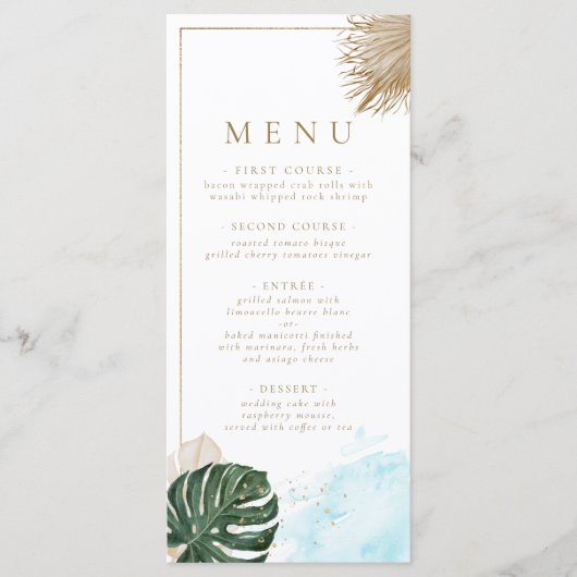 Boho pampas gras en palmen tropisch strand menu (Voorkant)