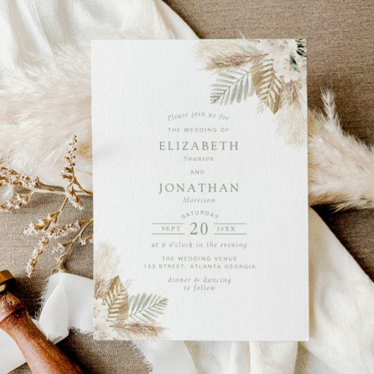 boho pampas gras en sage green bruiloft kaart