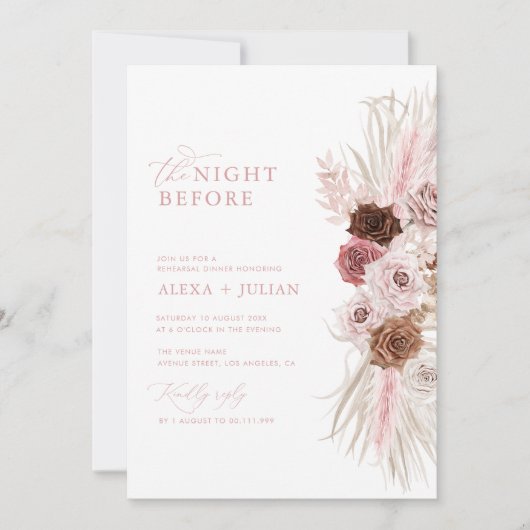 Boho pampas gras en stoffige roze repetitie diner kaart (Voorkant)