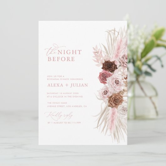 Boho pampas gras en stoffige roze repetitie diner kaart (Staand voorkant)