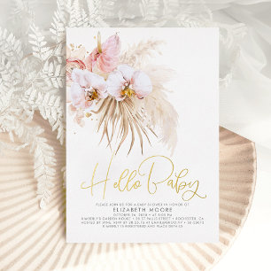 Boho Pampas Gras en Tropische Bloemen Baby Shower Folie Uitnodiging
