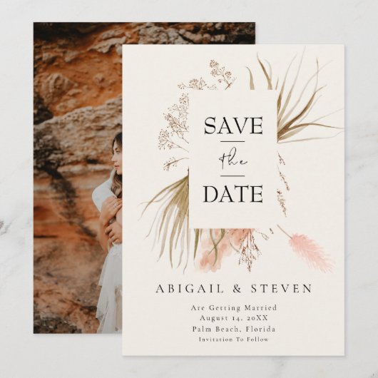 Boho Pampas Gras Foto | Moderne Tropische Bruiloft Save The Date (Voorkant / Achterkant)