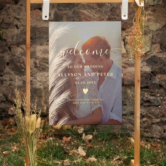 Boho pampas gras foto welkom bruiloft waterverf folie afdrukken