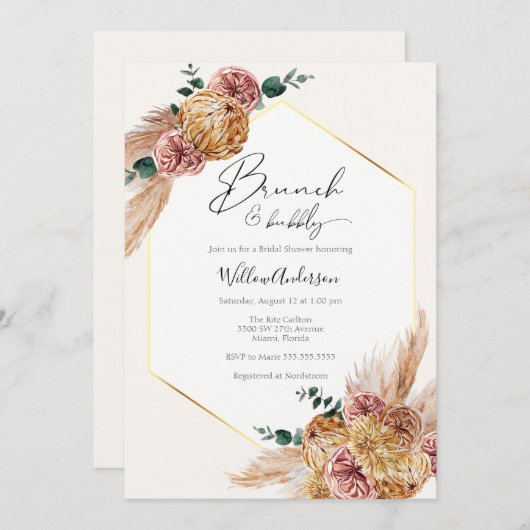 Boho Pampas Gras Gedroogd Boeket Brunch en Bubbly Kaart (Voorkant / Achterkant)