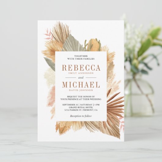 Boho pampas gras gedroogde palmbladeren bruiloft kaart (Staand voorkant)