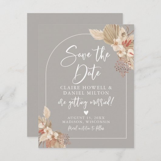 Boho Pampas Gras Grijs Beige Save The Date (Voorkant / Achterkant)