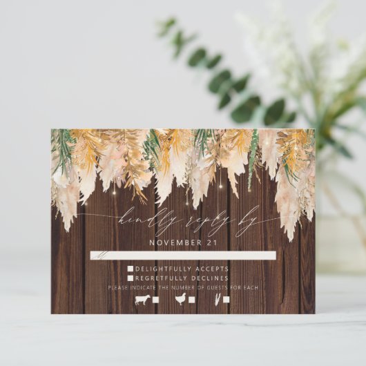 Boho Pampas Gras Hout Twinkle Lights Bruiloft RSVP (Staand voorkant)