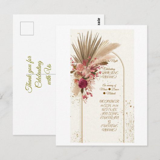 Boho Pampas Gras Mehndi Nacht Uitnodiging Template (Voorkant / Achterkant)
