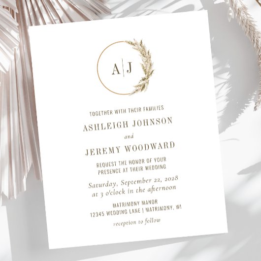 Boho Pampas Gras Monogram Huwelijksuitnodiging