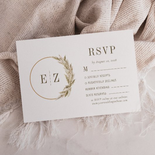 Boho Pampas Gras Monogram Krans Beige Bruiloft RSVP Kaartje