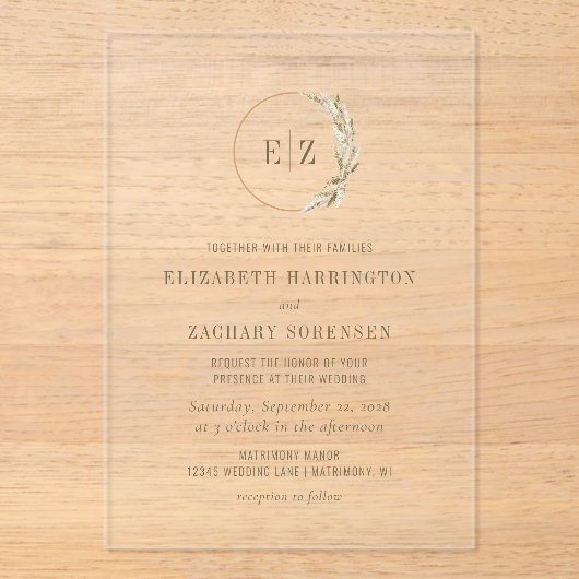 Boho Pampas Gras Monogram Krans Trouwen Acryl Uitnodigingen (Voorkant)