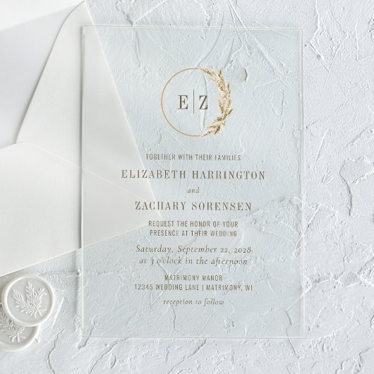 Boho Pampas Gras Monogram Krans Trouwen Acryl Uitnodigingen