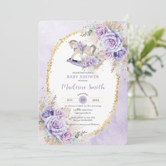 Boho Pampas Gras Paarse Bloemenschommelpaard Baby Kaart (Staand voorkant)