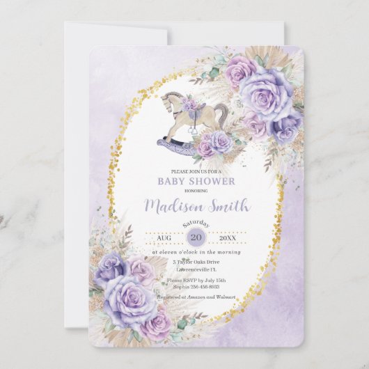 Boho Pampas Gras Paarse Bloemenschommelpaard Baby Kaart (Voorkant)