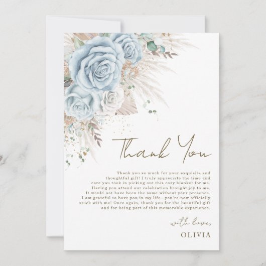 Boho Pampas Gras Pastel Blauw Bloemend Bruidsdiner Bedankkaart (Voorkant)