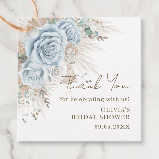 Boho Pampas Gras Pastelblauwe Bloemrijke Bruidsdou Bedankjes Labels (Voorkant)