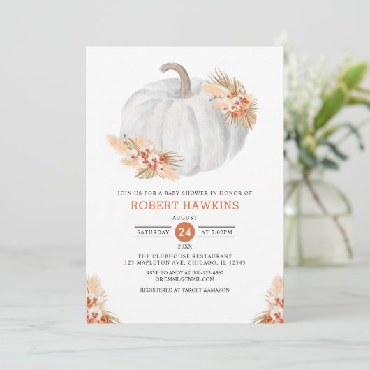 Boho Pampas Gras Pompoen Baby Shower Kaart (Staand voorkant)