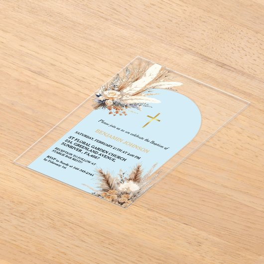 Boho Pampas Gras Regenboog Jongen Doop Doop Acryl Uitnodigingen (Laagn)