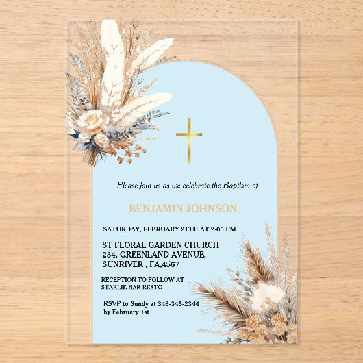 Boho Pampas Gras Regenboog Jongen Doop Doop Acryl Uitnodigingen (Voorkant)