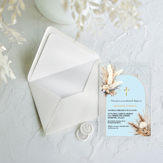 Boho Pampas Gras Regenboog Jongen Doop Doop Acryl Uitnodigingen