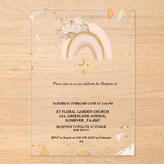 Boho Pampas Gras Regenboog Meisje BAptism doopsel Acryl Uitnodigingen (Voorkant)