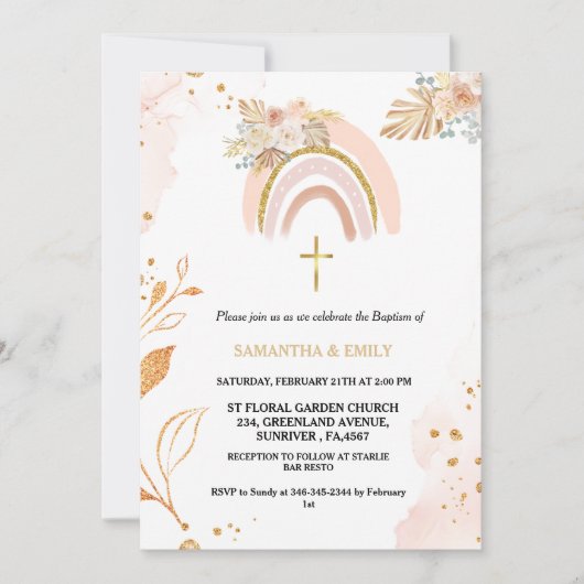 Boho Pampas Gras Regenboog Meisje BAptism doopsel Kaart (Voorkant)