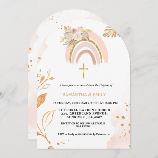 Boho Pampas Gras Regenboog Meisje BAptism doopsel Kaart (Voorkant / Achterkant)