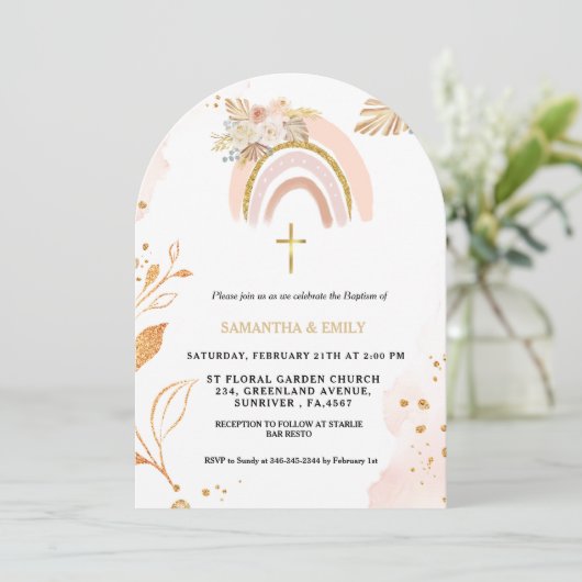 Boho Pampas Gras Regenboog Meisje BAptism doopsel Kaart (Staand voorkant)