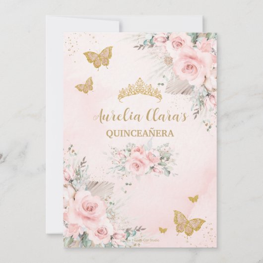 Boho Pampas Gras Roze Bloemen Quinceañera Kaart (Achterkant)