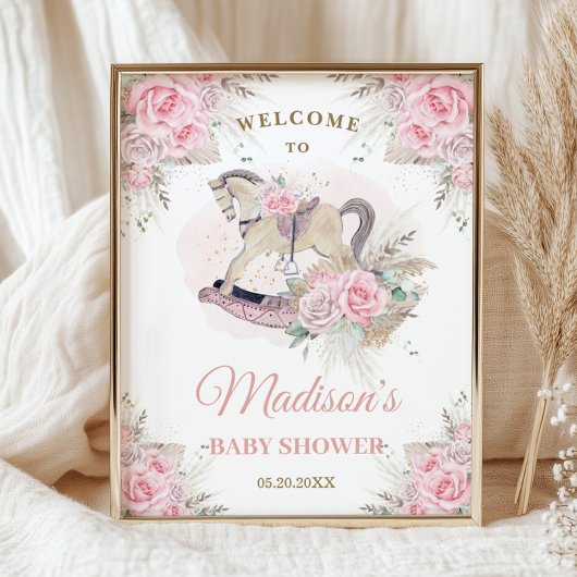 Boho Pampas Gras Roze Bloemenschommelpaard Baby Poster