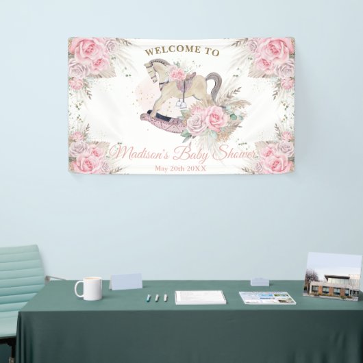 Boho Pampas Gras Roze Bloemenschommelpaard Baby Spandoek (Beurs)
