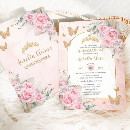 Boho Pampas Gras Roze Rozen Bloem Quinceañera Kaart