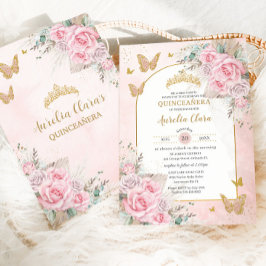 Boho Pampas Gras Roze Rozen Bloemstuk Quinceañera Kaart