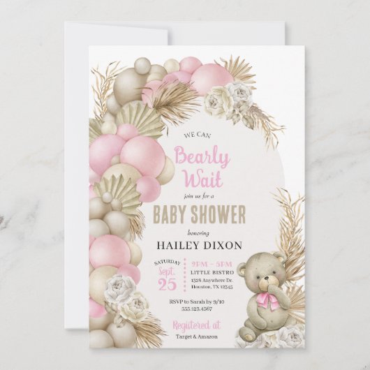 Boho Pampas Gras Roze Teddybeer Baby Shower Kaart (Voorkant)