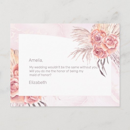 Boho Pampas Gras | Rozen Bruidsmeisje Verzoek Uitnodiging Briefkaart (Achterkant)